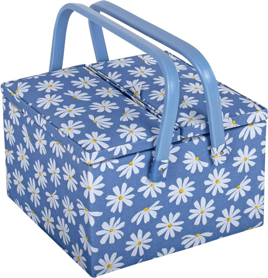 Hobby Gift Sewing Box (L) Twin Lid Square Denim Daisies