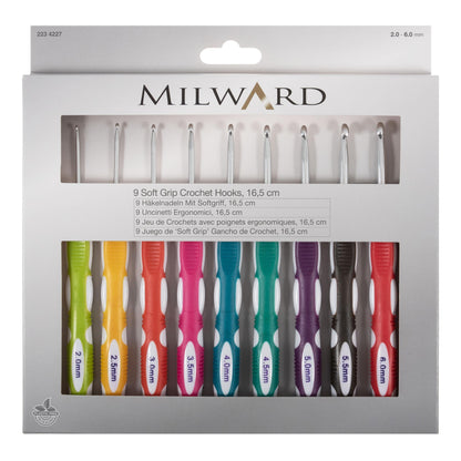 Milward Crochet Hook Set Soft Grip 16.5cm x 2.00 - 6.00mm: Pack of 9
