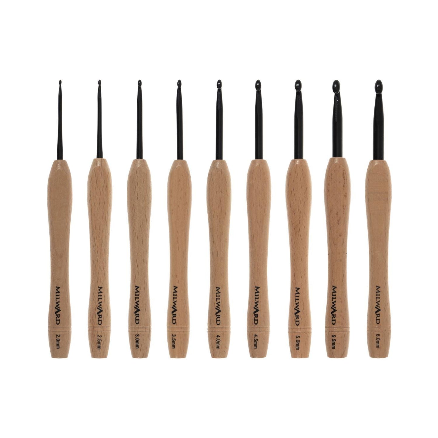 Milward Crochet Hook Set Beech Wooden Handle 14cm x 2.50 - 5.00mm: Pack of 9