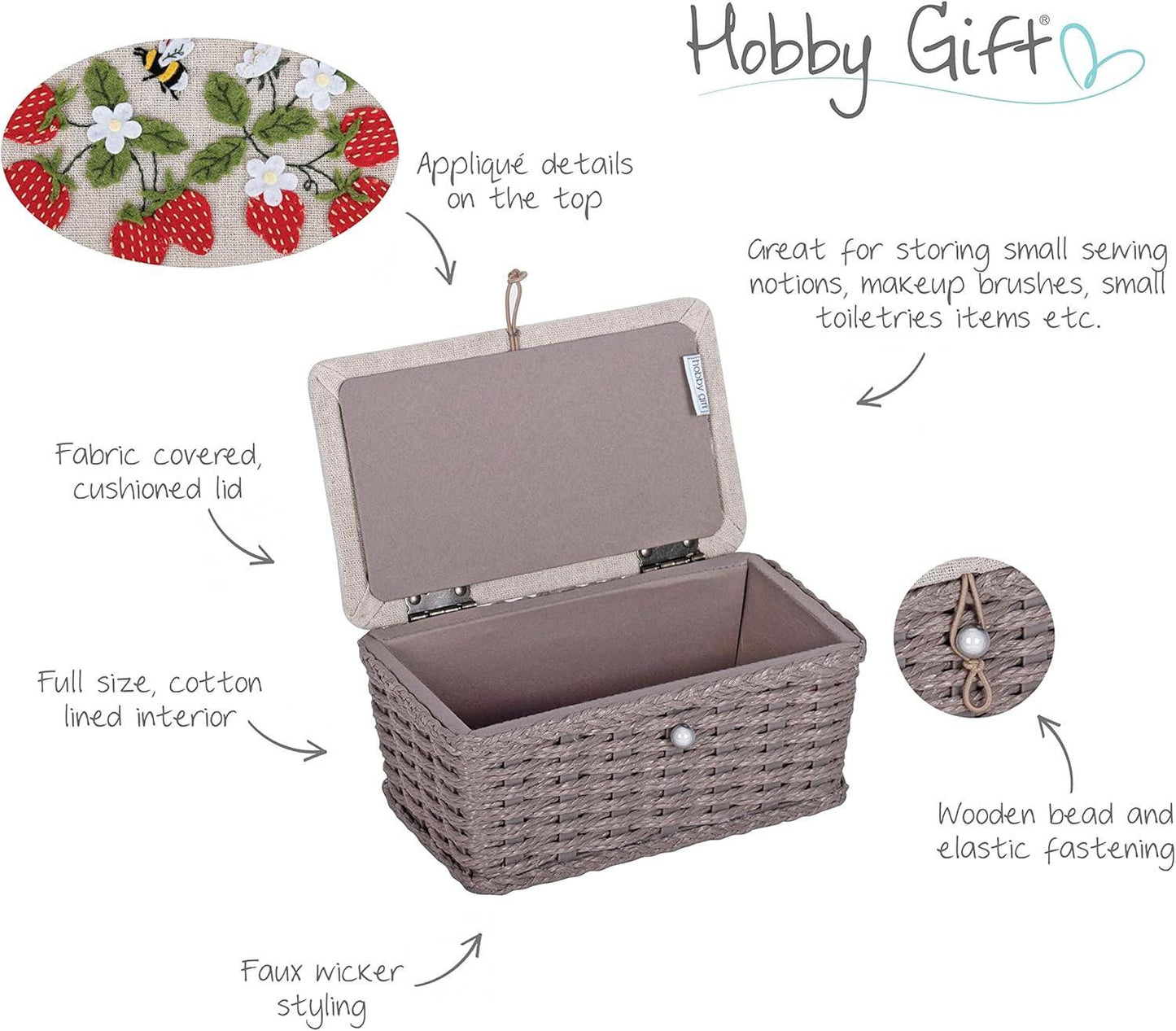 Hobby Gift Sewing Box (S) Wicker Basket with Appliqué Design: Strawberry Greenhouse
